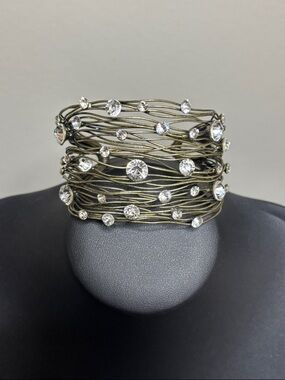 Brutalist Rhinestone Wire Cuff Bracelet Large Statement Piece Antique Gold Tone